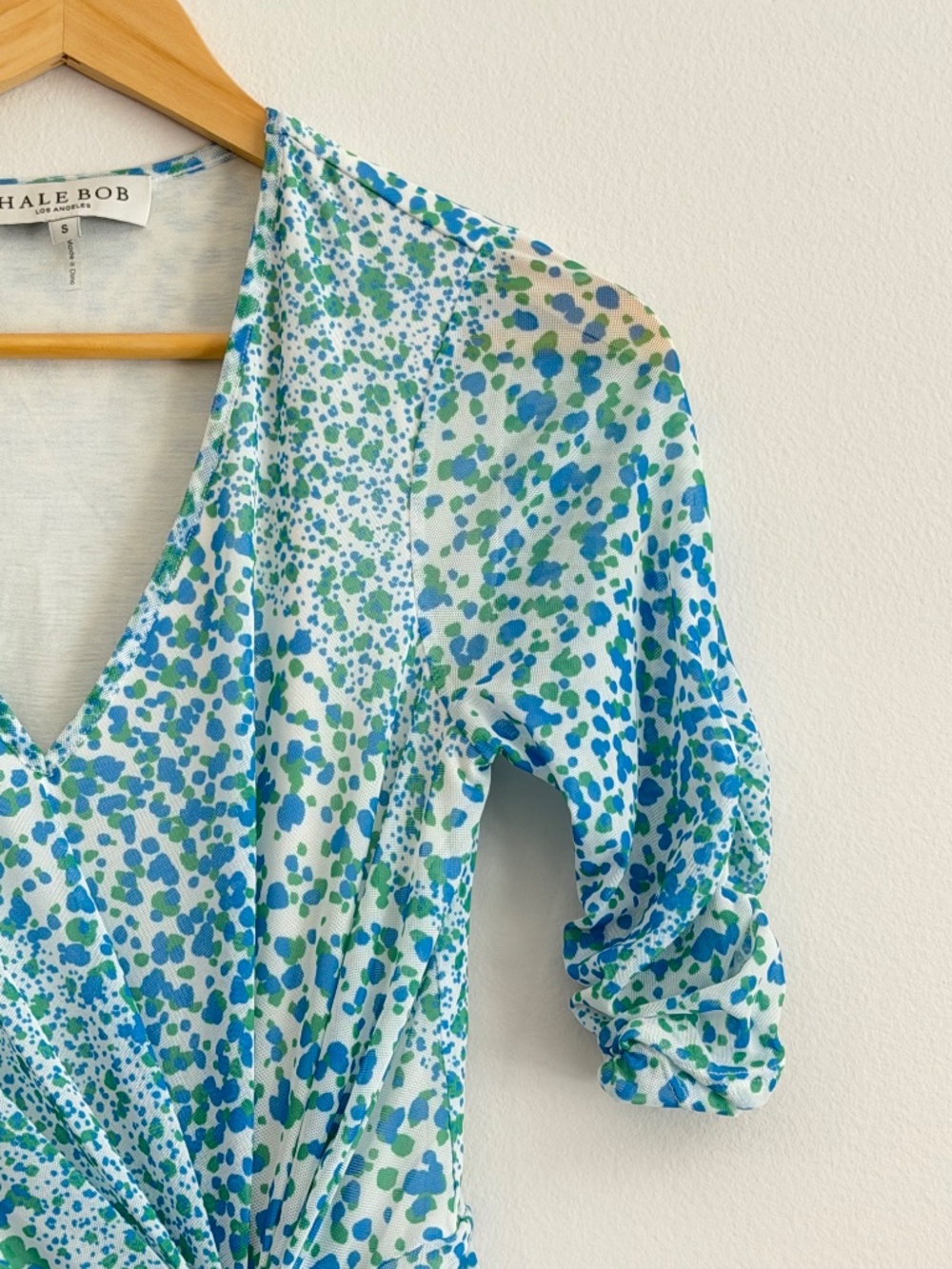 Hale Bob Twist Front Stretch Dress Elbow Sleeves Lined V- Neck Blue Green Print - Picture 6 of 12
